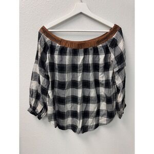 THML Womens Plaid Off Shoulder Blouse Top Embroidered‎ Neckline Medium
